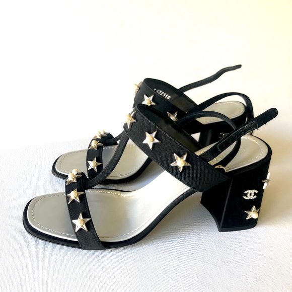 CHANEL Shoes - Chanel Black Star-Studded Pearl embellished grosgrain T-Strap Heels sandals MK